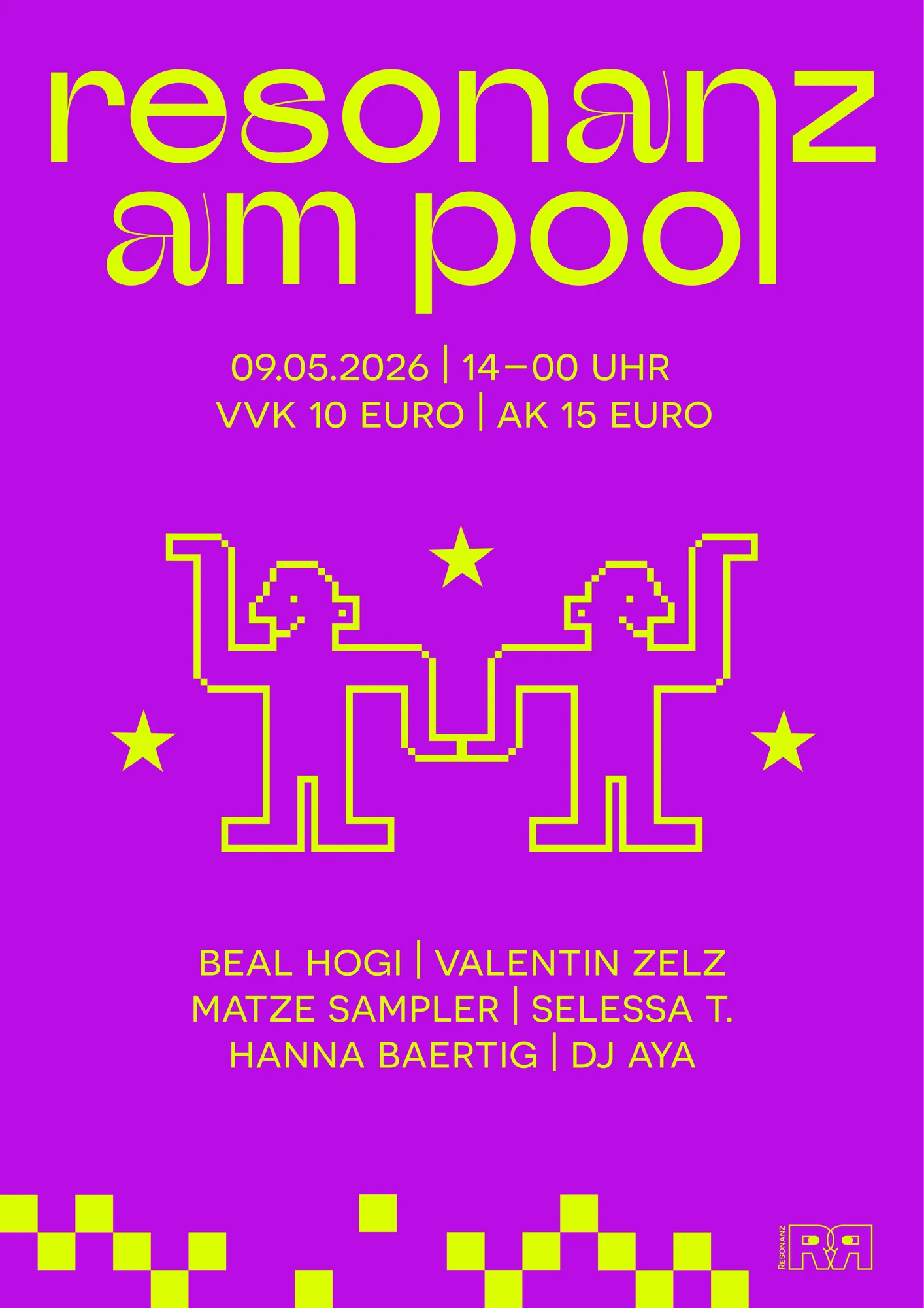 Plakat für Resonanz am Pool am 9. Mai 2026 mit violettem Hintergrund und gelber Schrift.